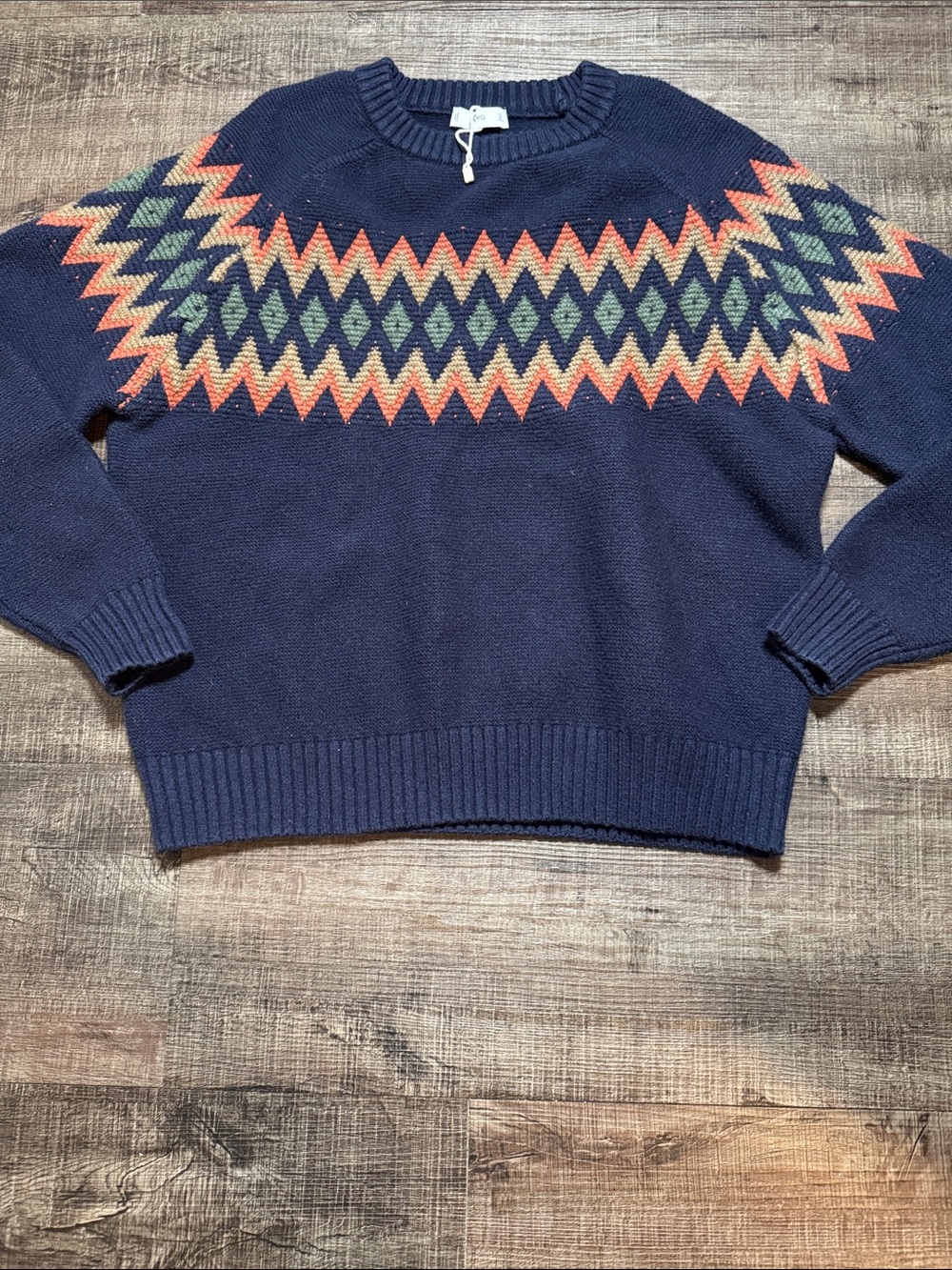 Mango Navy Sweater with Coral and Sage Diamond Yoke NWOT